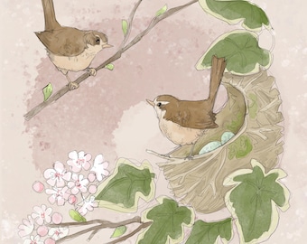 Spring wren nest printed panel on quilting cotton 30. 5by 30.5 cms