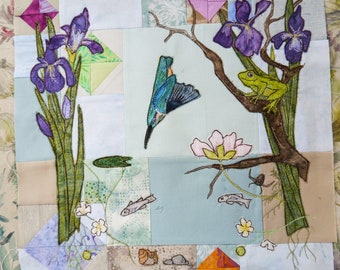 Kingfisher frog iris lily fish riverbank 14" square raw edge applique tutorial free motion embroidery clematis purple batik sycamore