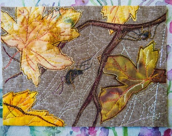 Printed pattern for spiders and autumn leaves raw edge applique tutorial free motion embroidery