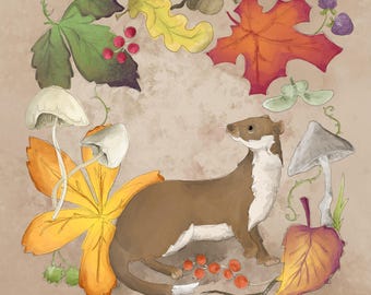 Pre-order Fabric panel autumn weasel on cream 30.5cm square quilting cotton