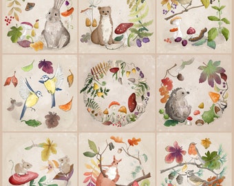 Pre -order autumn forage printed panels,  one of 9 designs each 30. 5 by 30.5 cms quilting cotton
