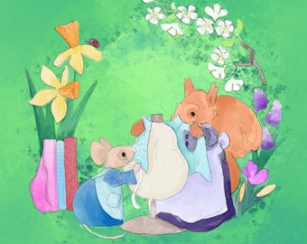 Pre-order Fabric panel Spring dressmaking squirrel miss poppy & Florrie mouse  on spring green 30.5 cm square quilting cotton