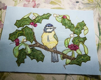 Pattern for Bluetit with holly and mistletoe wreath raw edge applique tutorial free motion embroidery