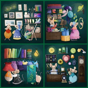 May include: A colorful illustration of mice in different shops. The first shop is an art supply store with paintbrushes, paint tubes, and canvases. The second shop is a millinery shop with hats, ribbons, and feathers. The third shop is a library with bookshelves full of books. The fourth shop is a clock shop with clocks, watches, and other timekeeping devices.