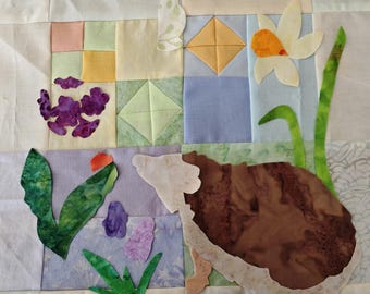 Fabric kit and Printed pattern for spring hedgehog sew along  quilt raw edge applique tutorial free motion embroidery