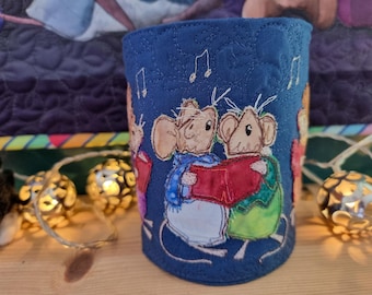 Fabric kit and printed pattern for carol singers tub / lantern raw edge applique tutorial free motion embroidery