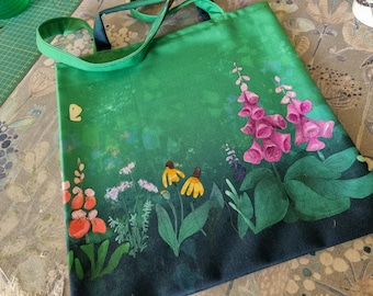 Pre-order cotton Tote bag Green garden printed panel on quilting cotton 33  by 33cms
