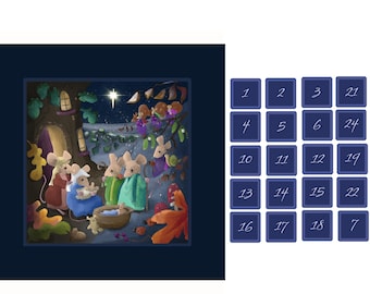 Advent calendar Nativity mice panel on quilting cotton 19" by 19" main panel