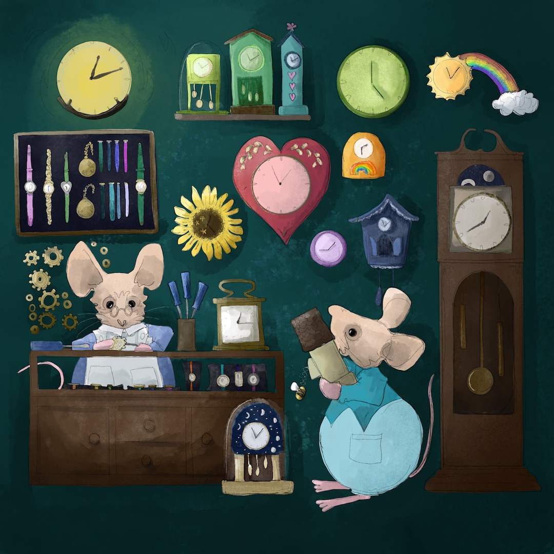 Vintage Clock Maker Shop Mice Printed Panel on Quilting Cotton 30.5 by ...