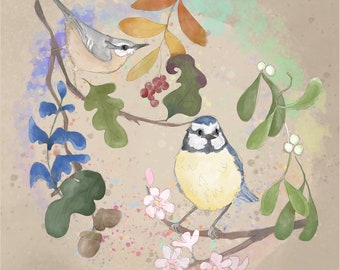 Autumn nuthatch and winter bluetit and flowers printed panel on quilting cotton 30.5 by 30.5 cms