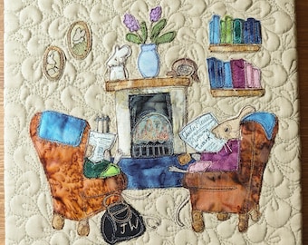 Finished Textile Art mounted 12" Sherlock Holmes and case of the missing tiara fireplace on light oatmeal cotton