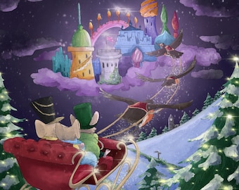 Pre-order Fabric panel nutcracker mouse magical sleigh ride dark purples 30.5 cm square quilting cotton