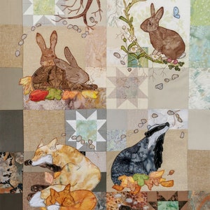 Full PDF pattern set  In the Burrow  quilt applique fox  rabbits badgers