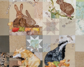 Full Printed pattern set  In the Burrow  quilt applique fox  rabbits badgers