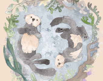 Pre-order Fabric panel sea otters coastal on light taupe 30cm square quilting cotton