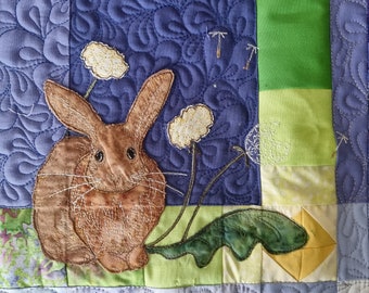 Fabric kit and Printed bunny and dandelion kit 10" by 8" pattern raw edge applique tutorial free motion embroidery