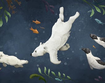 Pre -order swimming lesson muted polar bears harp seals printed panel through the seasons 60.5 by 30.5 cms