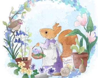 Pre-order Victorian Baltimore panel gardening spring squirrel on blue printed panel on quilting cotton 30 by 30cms