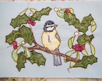 PDF pattern for Bluetit, holly and mistletoe wreath raw edge applique tutorial free motion embroidery