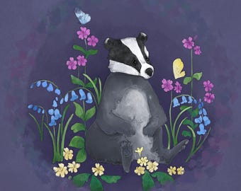 Pre-order Fabric panel spring badger on dark hyacinth 30.5cm square quilting cotton