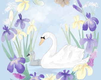 Pre-order Fabric panel summer Swan with signet on lighy blue 30. 5cm square quilting cotton