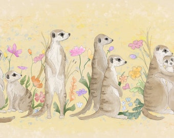 Pre -order meerkats with flowers printed panel on quilting cotton 30.5 by 61 cms