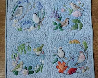 Embroidered Textile Art: 'Seasonal Birds' Quilted Wall Hanging (24x24)