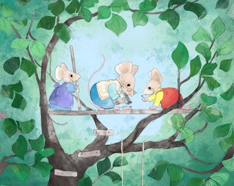 Pre-order tree house father's day mice printed panel on quilting cotton 30.5 by 30.5 cms