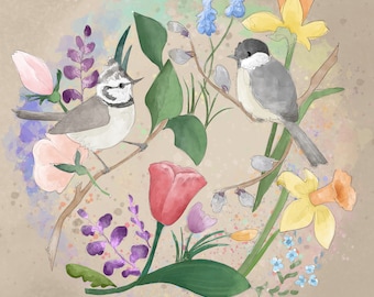 Spring crested tit and willow tit printed panel on quilting cotton 30.5 by 30.5 cms