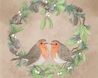 Pre -order Mistletoe robins printed panel on quilting cotton 30.5 by 30.5 cms