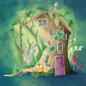 Pre-order little tree house panel on quilting cotton 30.5 by 30.5 cms