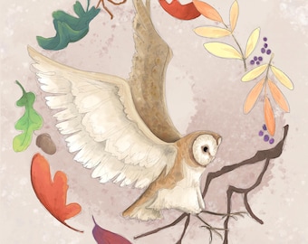 Pre-order Autumn barn owl printed panel on quilting cotton 30.5 by 30.5 cms