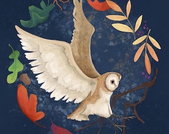 Pre-order Autumn barn owl printed panel on quilting cotton 30.5 by 30.5 cms