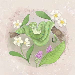 May include: A digital illustration of a bright green snake coiled around a brown tree branch. The snake is surrounded by white flowers with yellow centers, green leaves, and a cluster of small purple flowers on a light, textured background.