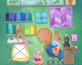 Sewing room with Florrie, poppy and Janet  printed panel on quilting cotton 48 by 48 cms