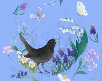 Pre-order Fabric panel mothers day blackbird and spring flowers blue 30.5cm square quilting cotton