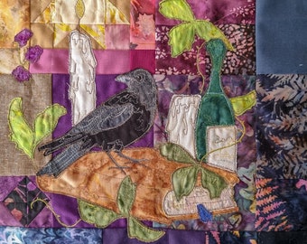 PDF pattern for  'A murder of crows" block 2 quilt raw edge applique tutorial free motion embroidery