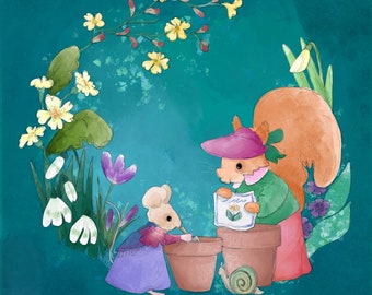 Pre-order Fabric panel Early spring gardening squirrel miss poppy & Florrie mouse  on teal 30.5 cm square quilting cotton