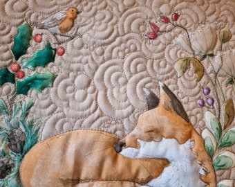 Original art for sale 'winter fox in' 12" by 12" Wall hanging embroidered textile art