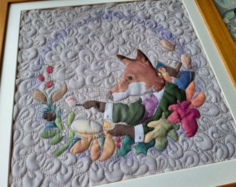 Finished Textile Art mounted 16" fox stamp collector free motion quilting texture no frame