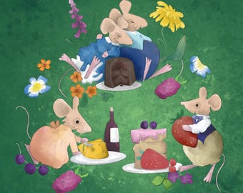 Pre -order garden party picnic printed panel on quilting cotton 30.5 by 30.5 cms