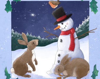 Pre -order snowman and hares printed panel on quilting cotton 30.5 by 30.5 cms
