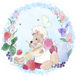 Victorian Summer baking hedgehog and butterfly printed panel on quilting cotton 30 by 30cms