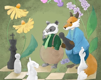 Pre-order Fabric panel Felix and Brock garden chess on green 30.5 cm square quilting cotton
