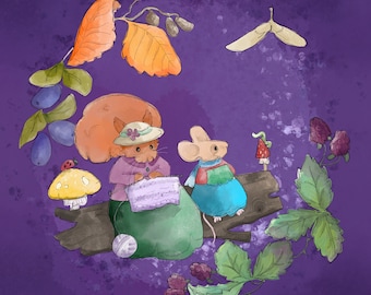 Pre-order Fabric panel autumn knitting squirrel miss poppy & Florrie mouse  on plum 30.5 cm square quilting cotton