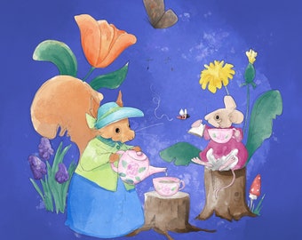 Pre-order Fabric panel spring trading tea in the garden squirrel miss poppy & Florrie mouse  on blue 30.5 cm square quilting cotton