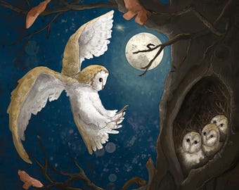 Fabric panel 'coming home' barn owl nest printed panel on quilting cotton 30.5 by 30.5 cms