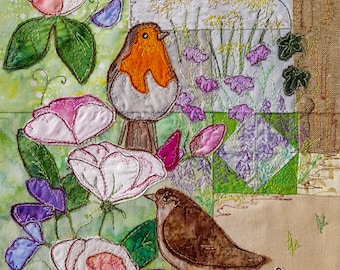 Printed pattern for the secret garden block 1 robin wren roses quilt raw edge applique tutorial free motion embroidery