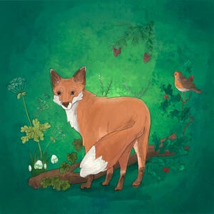 Pre-order winter fox tree of life printed panel on quilting cotton 30.5 by 30.5 cms