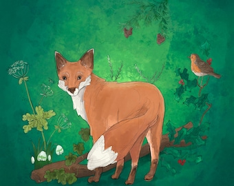 Pre-order winter fox tree of life printed panel on quilting cotton 30.5 by 30.5 cms
